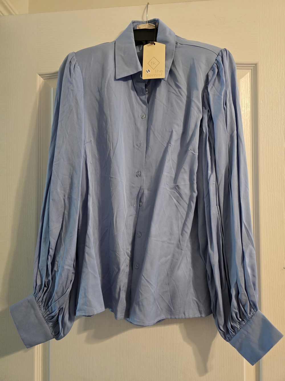 The Kemist Light Blue Biloxi Button-Up Open Back Puff Sleeve Blouse SZ10